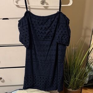 Navy Blue Eyelet Off-Shoulder Dress